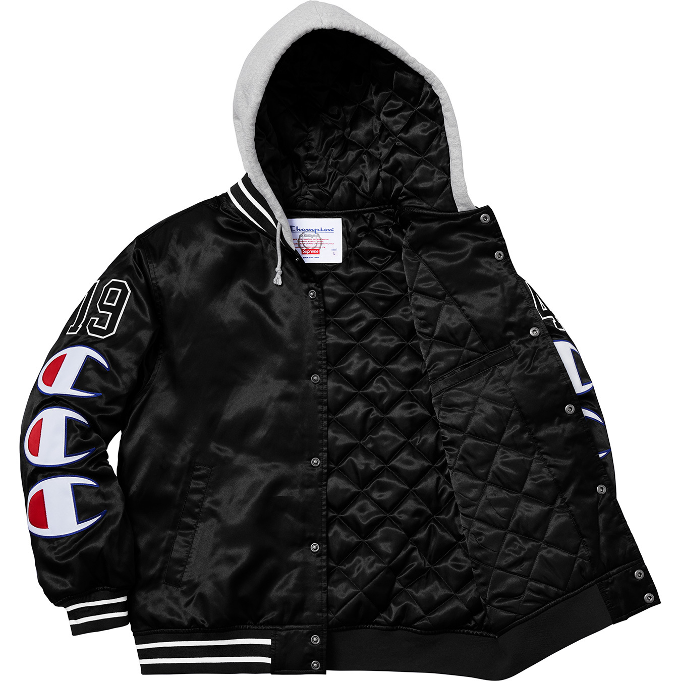 Buy Supreme x Champion Hooded Satin Varsity Jacket 'Black