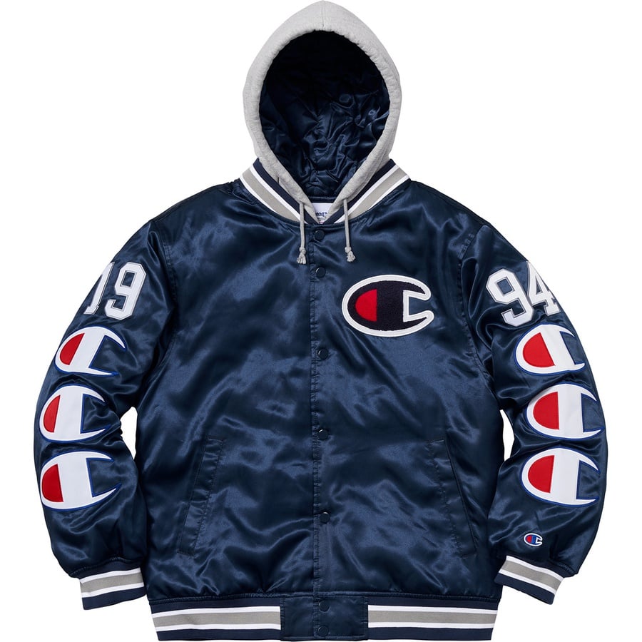 Details on Supreme Champion Hooded Satin Varsity Jacket Navy from fall winter
                                                    2018 (Price is $218)