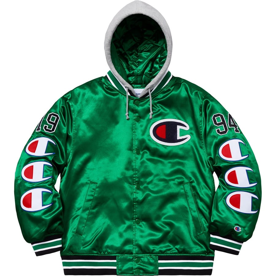 Details on Supreme Champion Hooded Satin Varsity Jacket Kelly Green from fall winter
                                                    2018 (Price is $218)