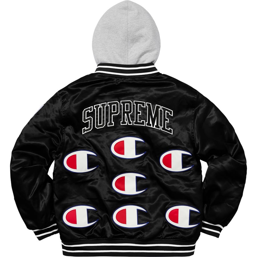 Details on Supreme Champion Hooded Satin Varsity Jacket Black from fall winter 2018 (Price is $218)