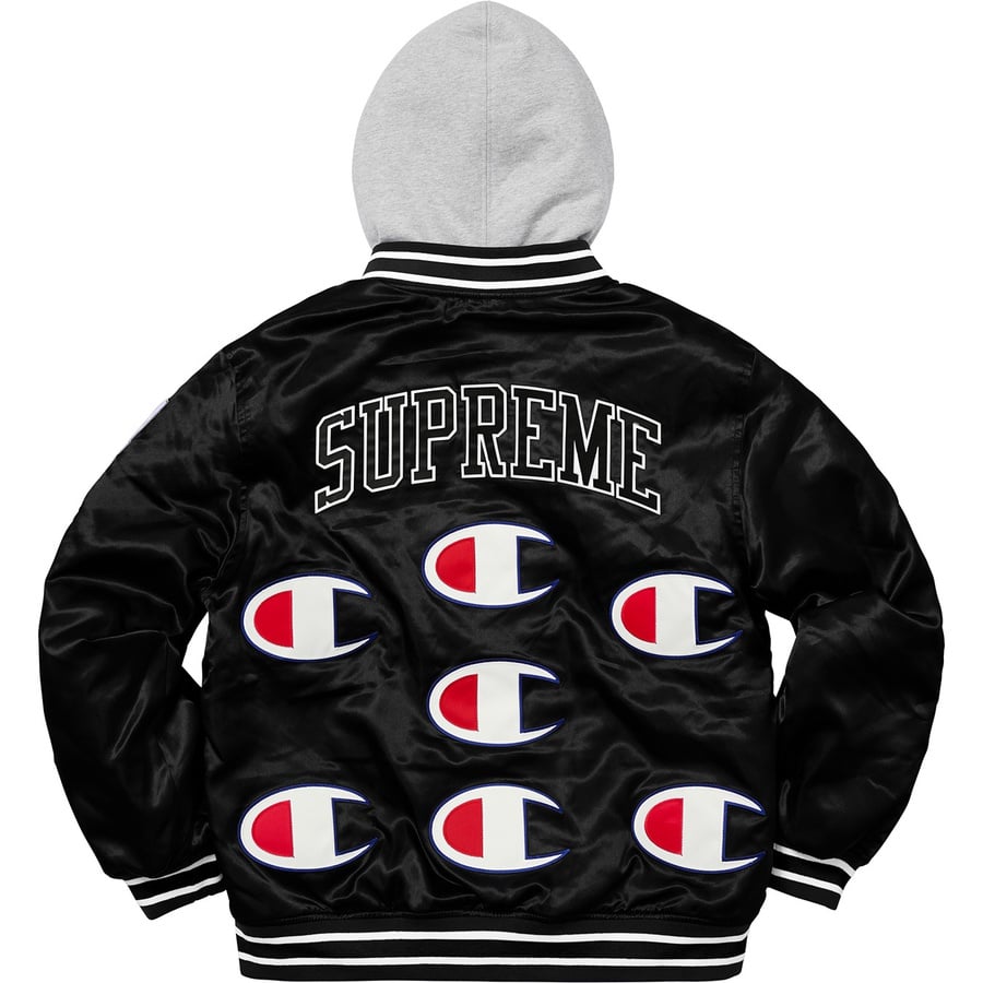 Details on Supreme Champion Hooded Satin Varsity Jacket Black from fall winter
                                                    2018 (Price is $218)