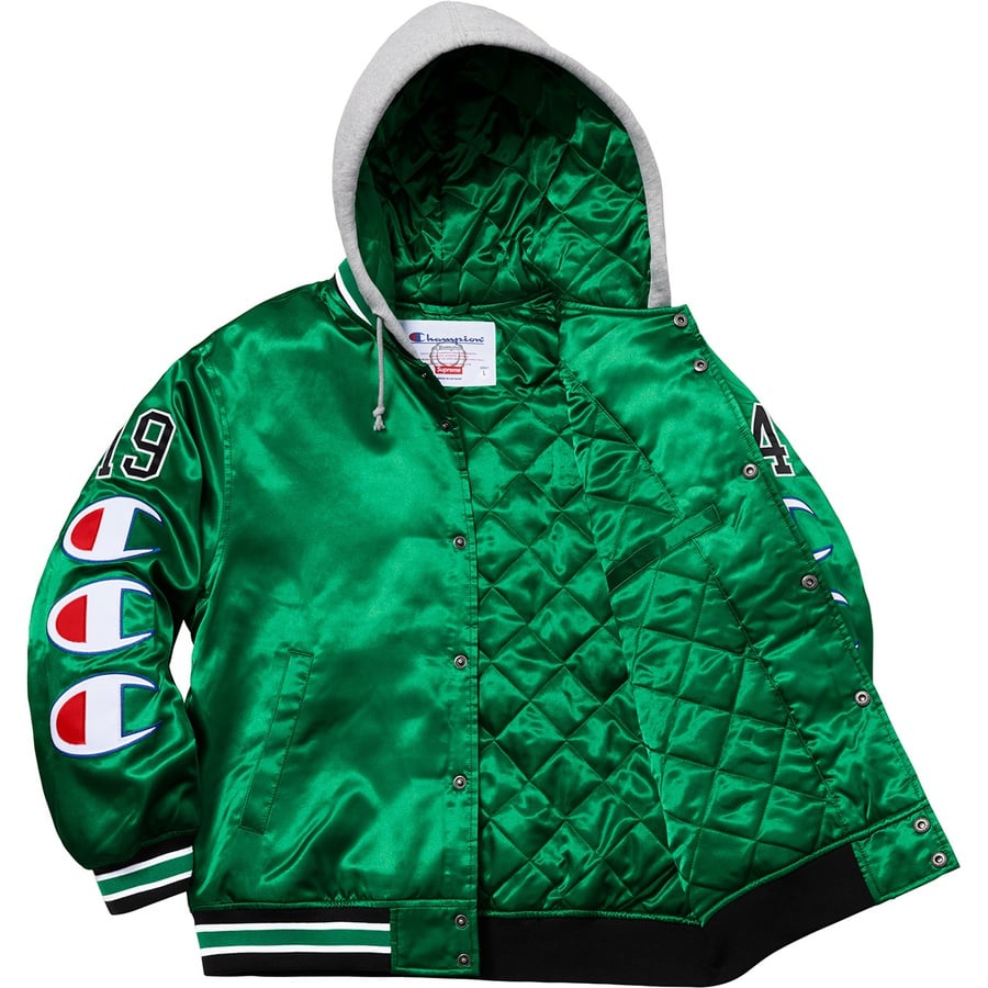 Details on Supreme Champion Hooded Satin Varsity Jacket Kelly Green from fall winter
                                                    2018 (Price is $218)