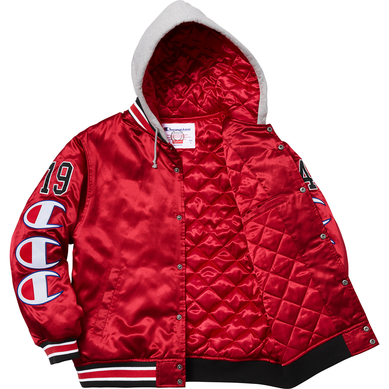 Supreme®/Champion® Hooded Satin Varsity Jacket - Supreme Community