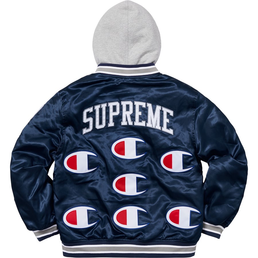 Details on Supreme Champion Hooded Satin Varsity Jacket Navy from fall winter 2018 (Price is $218)
