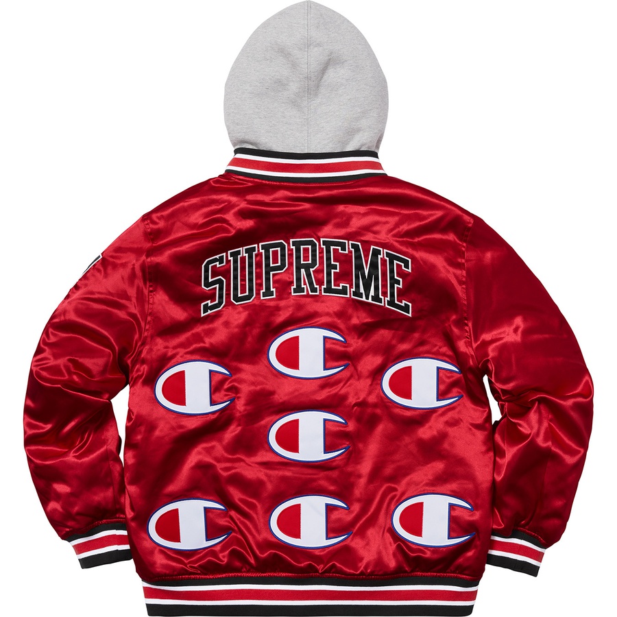 Details on Supreme Champion Hooded Satin Varsity Jacket Red from fall winter 2018 (Price is $218)