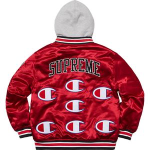 supreme champion hooded satin varsity jacket black