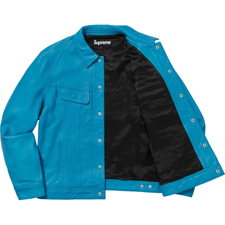 Details on Leather Trucker Jacket Blue from fall winter
                                                    2018 (Price is $498)