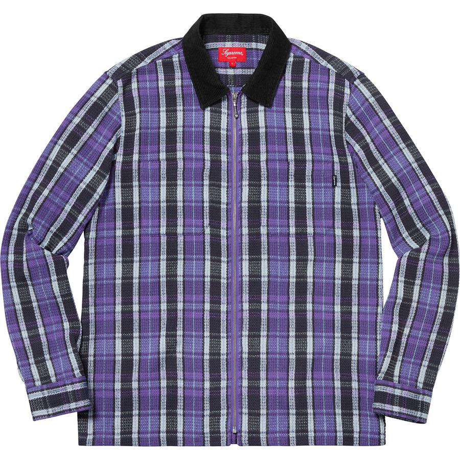 Details on Plaid Thermal Zip Up Shirt Purple from fall winter 2018 (Price is $128)
