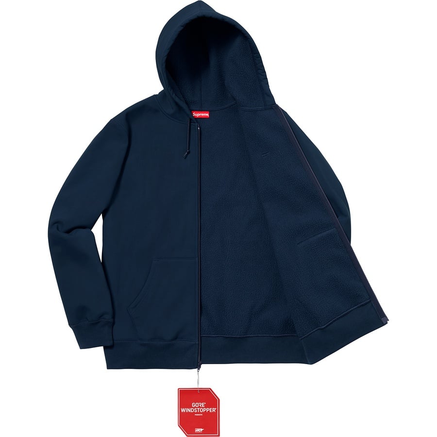 Details on WINDSTOPPER Zip Up Hooded Sweatshirt Navy from fall winter 2018 (Price is $228)