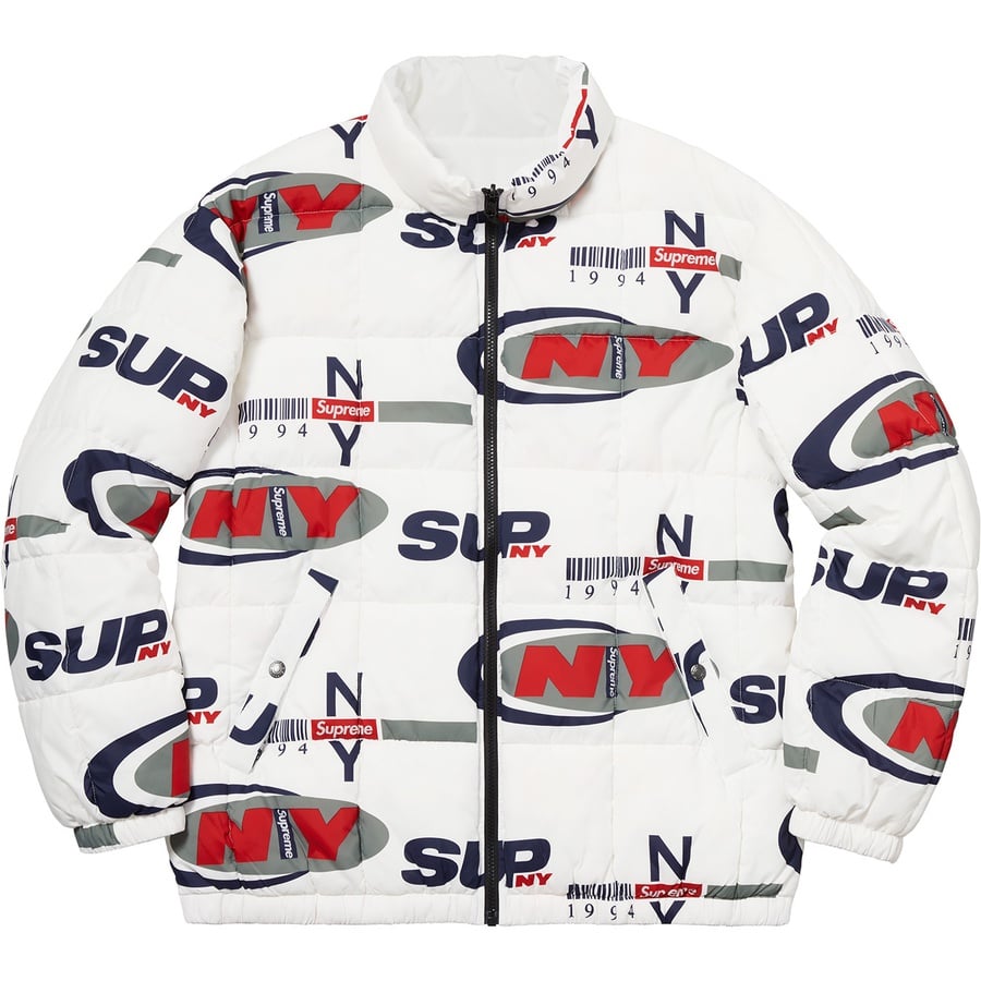 Details on Supreme NY Reversible Puffy Jacket White from fall winter
                                                    2018 (Price is $198)