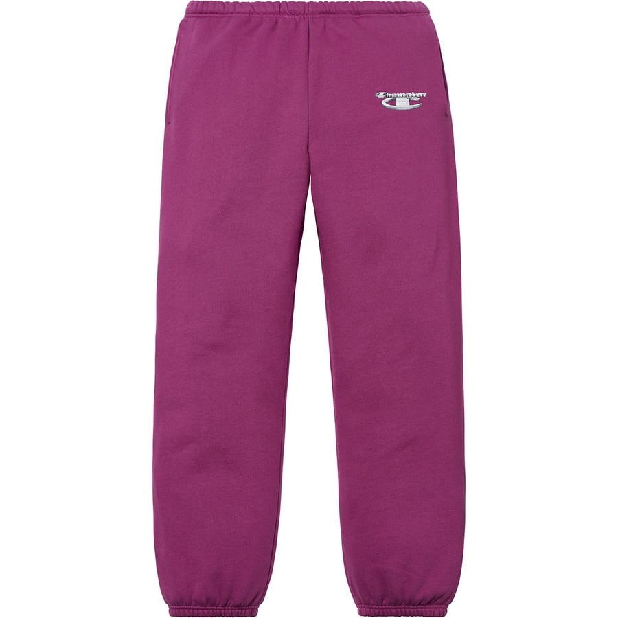 Details on Supreme Champion 3D Metallic Sweatpant Bright Purple from fall winter 2018 (Price is $148)