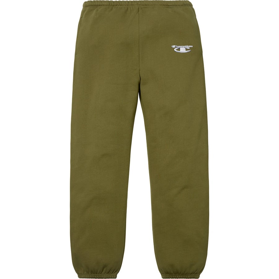 Details on Supreme Champion 3D Metallic Sweatpant Olive from fall winter
                                                    2018 (Price is $148)