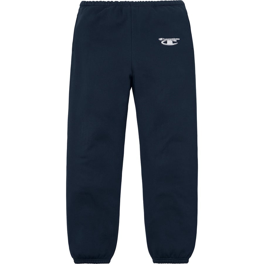 Details on Supreme Champion 3D Metallic Sweatpant Navy from fall winter
                                                    2018 (Price is $148)