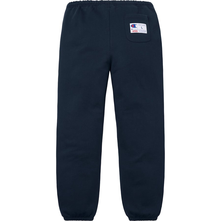 Details on Supreme Champion 3D Metallic Sweatpant Navy from fall winter
                                                    2018 (Price is $148)