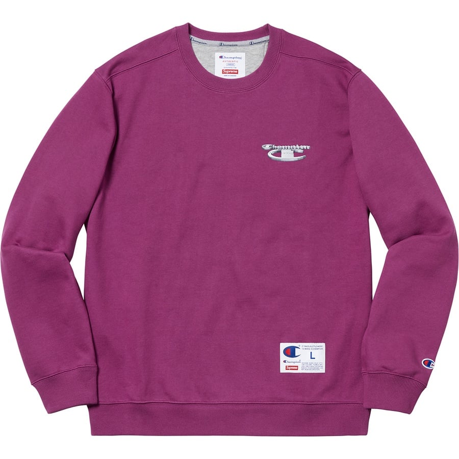 Details on Supreme Champion 3D Metallic Crewneck Bright Purple from fall winter
                                                    2018 (Price is $148)