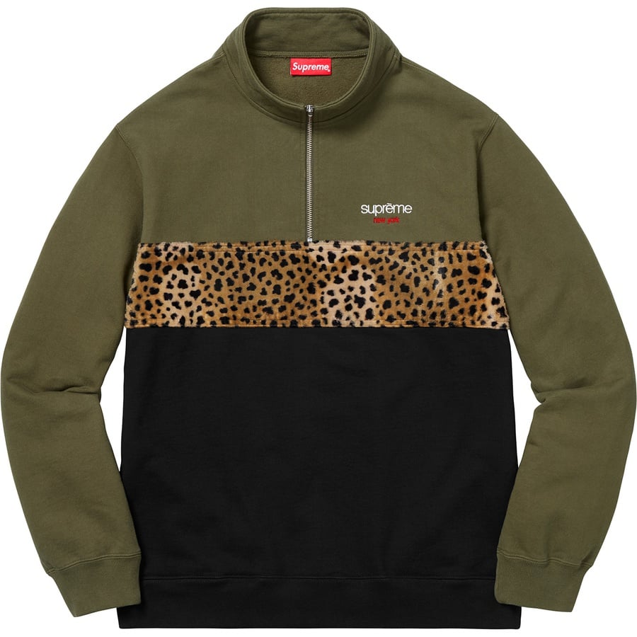 Details on Leopard Panel Half Zip Sweatshirt Dark Olive from fall winter 2018 (Price is $158)
