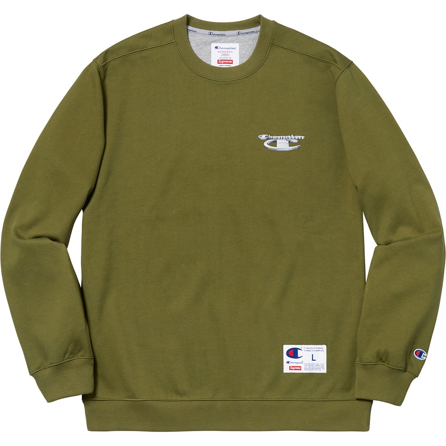 Details on Supreme Champion 3D Metallic Crewneck Olive from fall winter
                                                    2018 (Price is $148)
