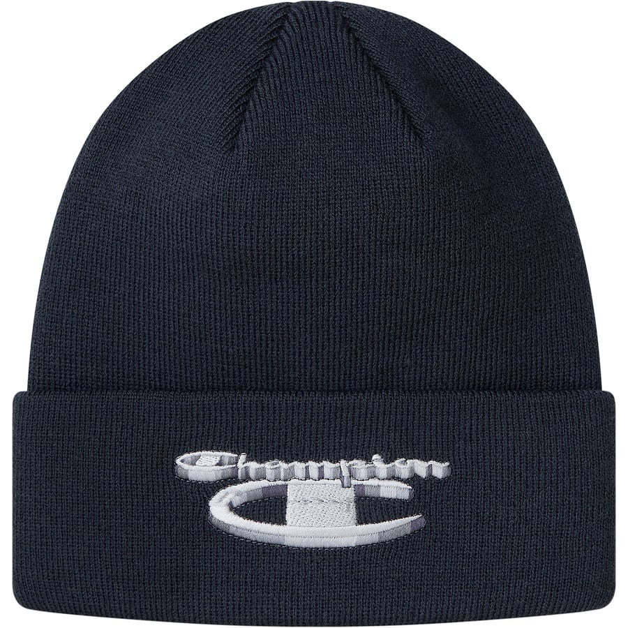 Details on Supreme Champion 3D Metallic Beanie Navy from fall winter 2018 (Price is $36)
