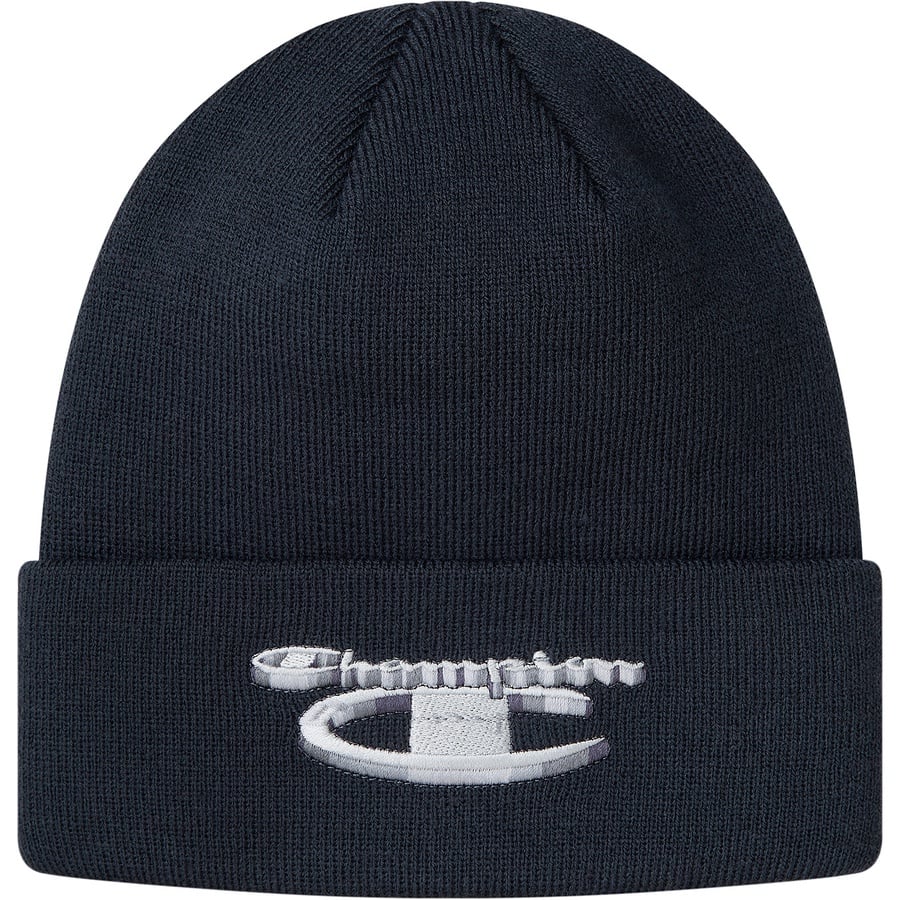 Details on Supreme Champion 3D Metallic Beanie Navy from fall winter
                                                    2018 (Price is $36)