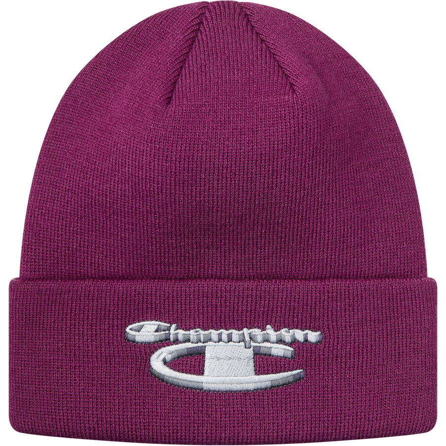Details on Supreme Champion 3D Metallic Beanie Bright Purple from fall winter 2018 (Price is $36)