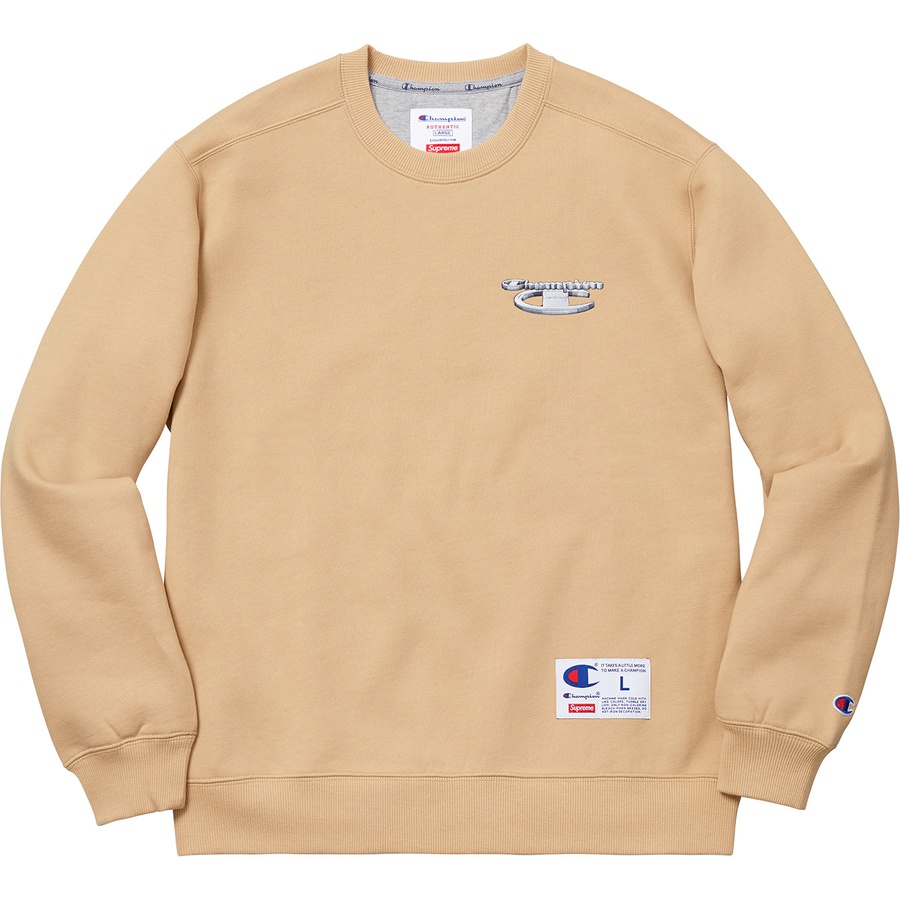 Details on Supreme Champion 3D Metallic Crewneck Tan from fall winter
                                                    2018 (Price is $148)
