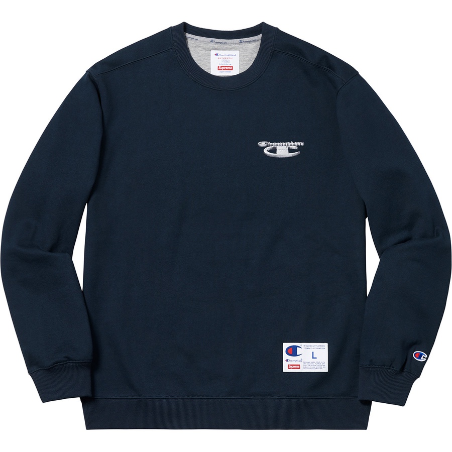 Details on Supreme Champion 3D Metallic Crewneck Navy from fall winter
                                                    2018 (Price is $148)