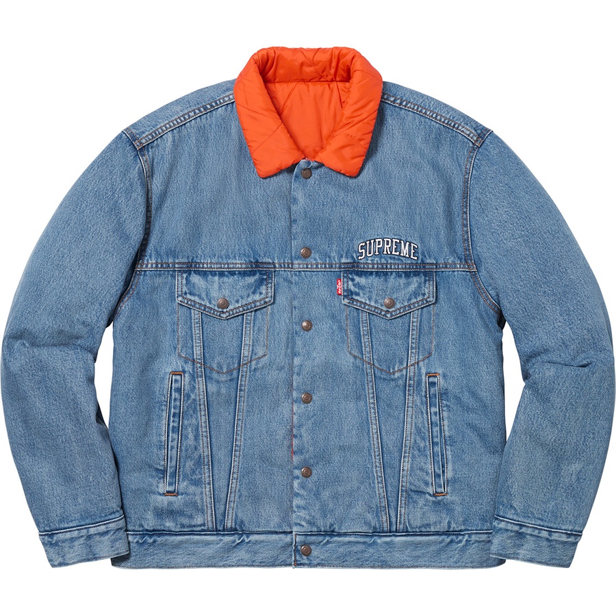 Details on Supreme Levi's Quilted Reversible Trucker Jacket Blue from fall winter
                                                    2018 (Price is $268)