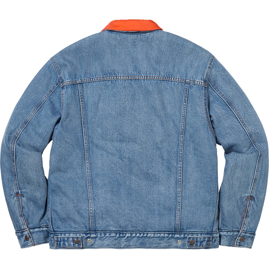 Details on Supreme Levi's Quilted Reversible Trucker Jacket Blue from fall winter
                                                    2018 (Price is $268)