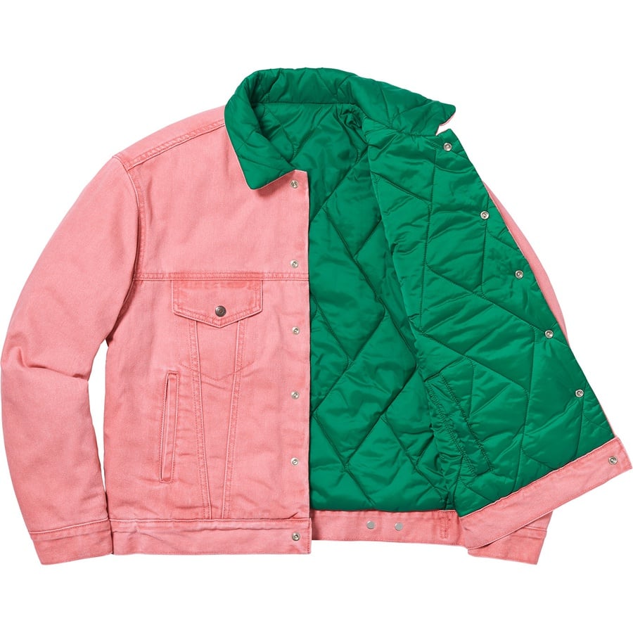 Details on Supreme Levi's Quilted Reversible Trucker Jacket Pink from fall winter
                                                    2018 (Price is $268)