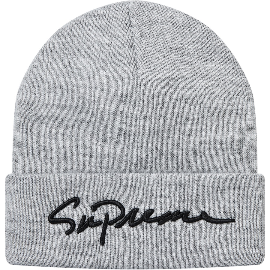 Details on Classic Script Beanie Heather Grey from fall winter 2018 (Price is $32)