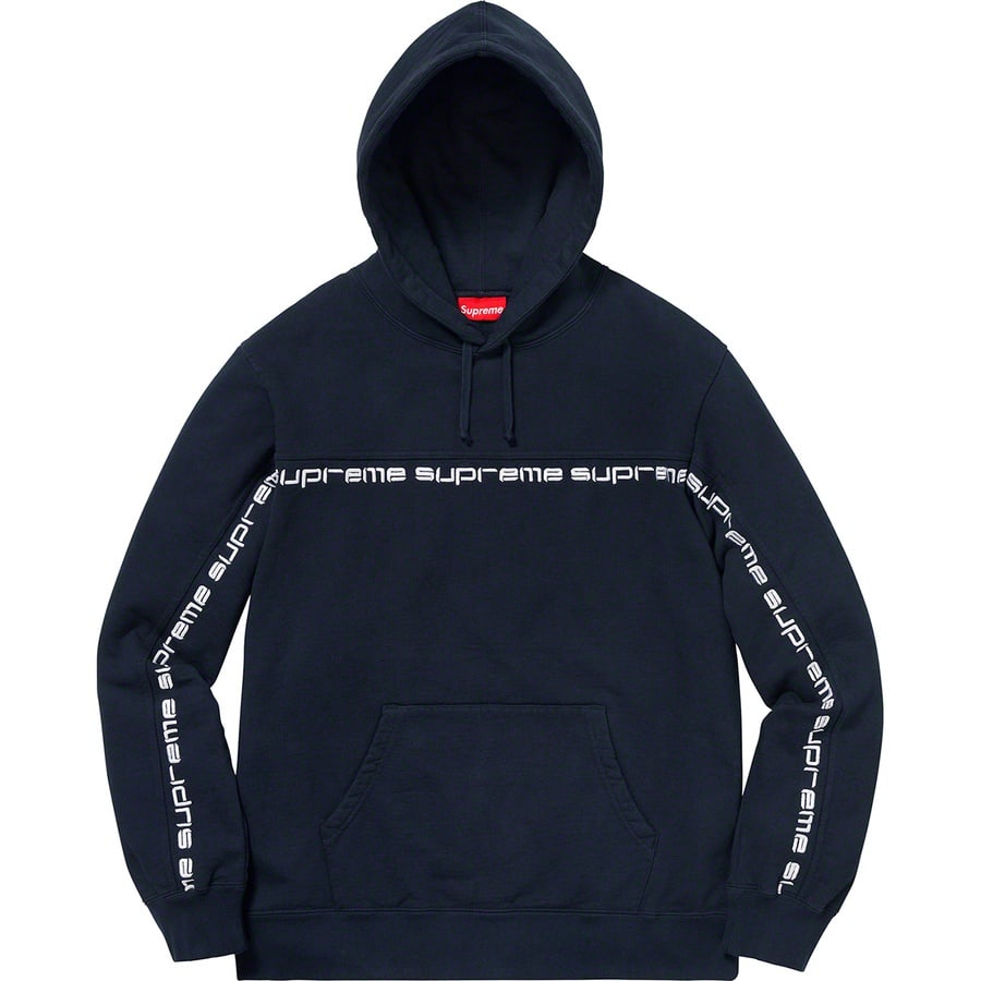 Details on Text Stripe Hooded Sweatshirt Navy from fall winter 2018 (Price is $148)