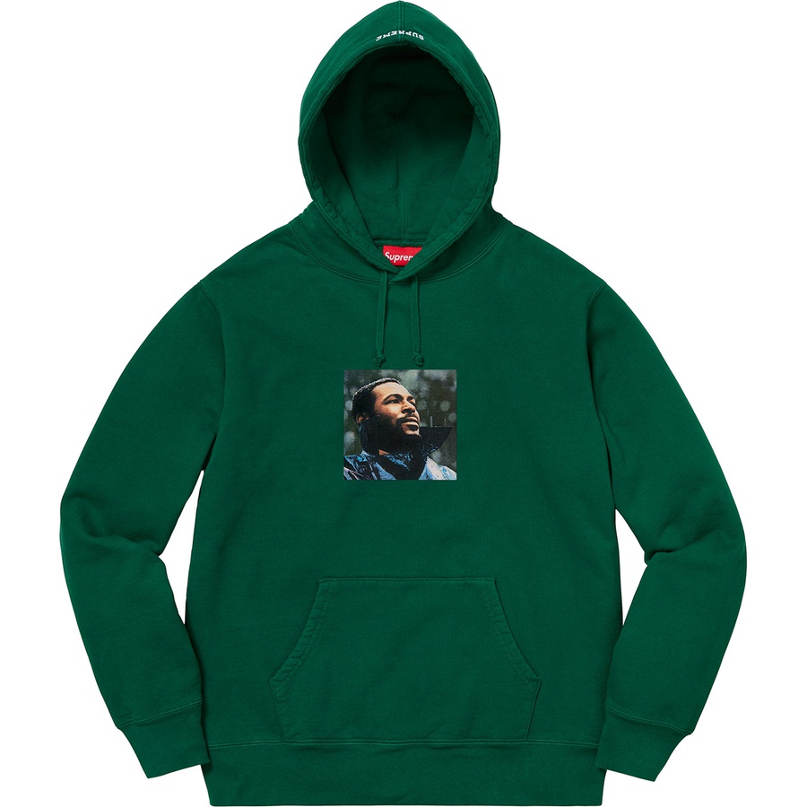 Details on Marvin Gaye Hooded Sweatshirt Dark Green from fall winter 2018 (Price is $178)