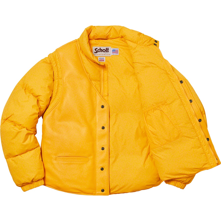 Details on Supreme Schott Down Leather Vest Puffy Jacket Yellow from fall winter
                                                    2018 (Price is $628)