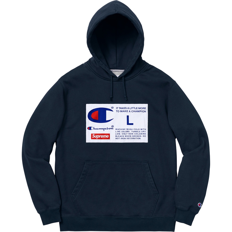 Details on Supreme Champion Label Hooded Sweatshirt Navy from fall winter
                                                    2018 (Price is $158)