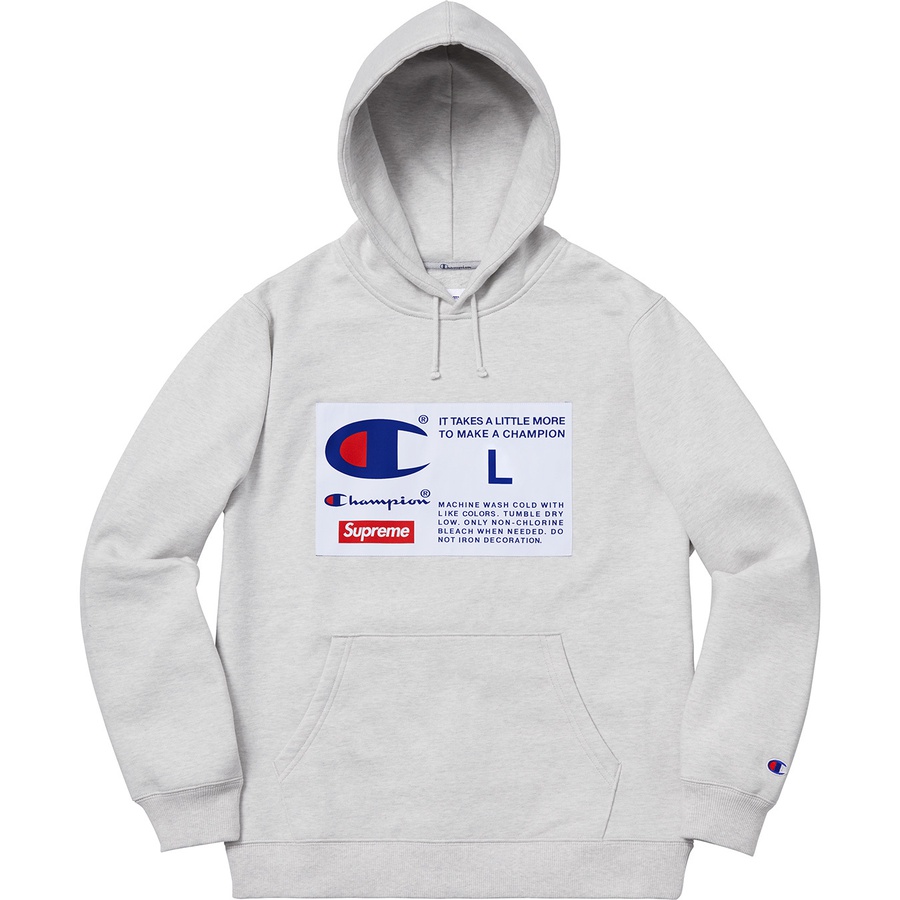 Details on Supreme Champion Label Hooded Sweatshirt Ash Grey from fall winter
                                                    2018 (Price is $158)