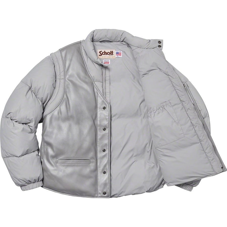 Details on Supreme Schott Down Leather Vest Puffy Jacket Silver from fall winter
                                                    2018 (Price is $628)