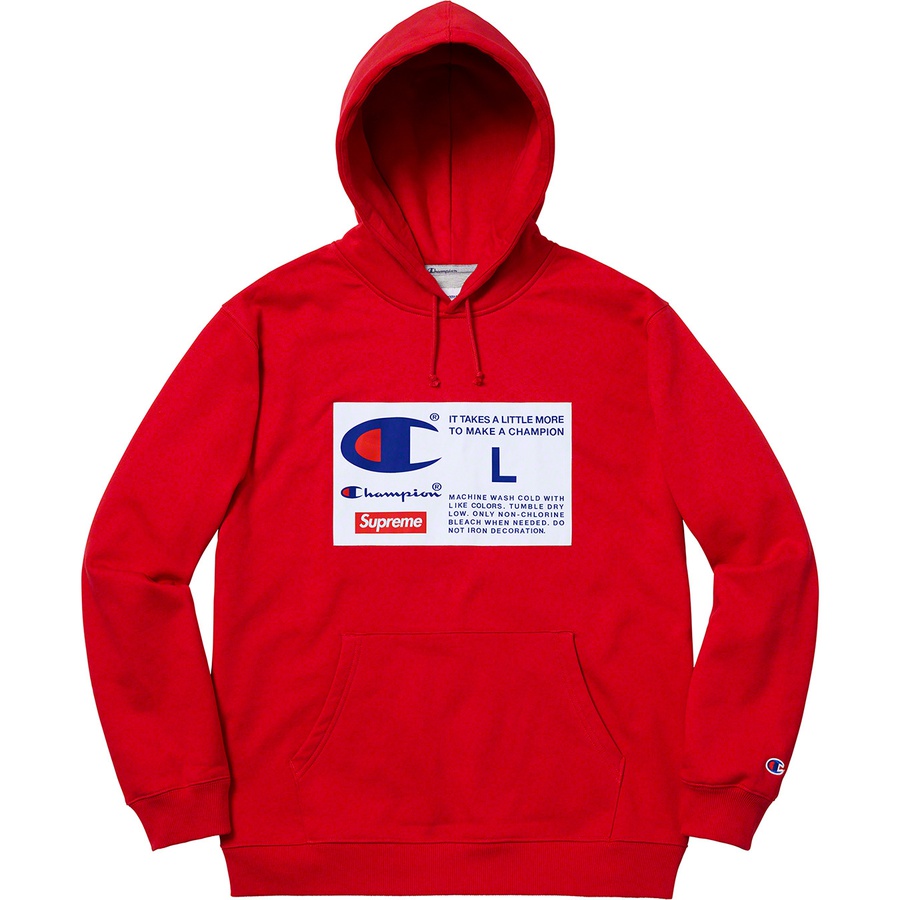 Details on Supreme Champion Label Hooded Sweatshirt Red from fall winter
                                                    2018 (Price is $158)