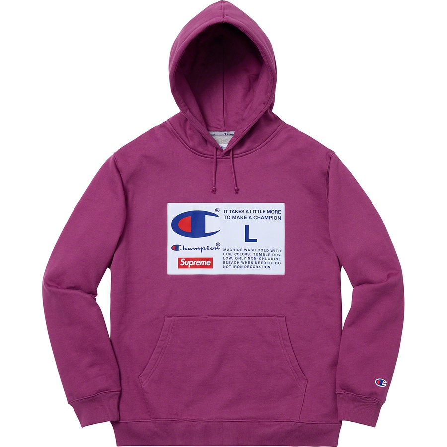 Details on Supreme Champion Label Hooded Sweatshirt Bright Purple from fall winter
                                                    2018 (Price is $158)