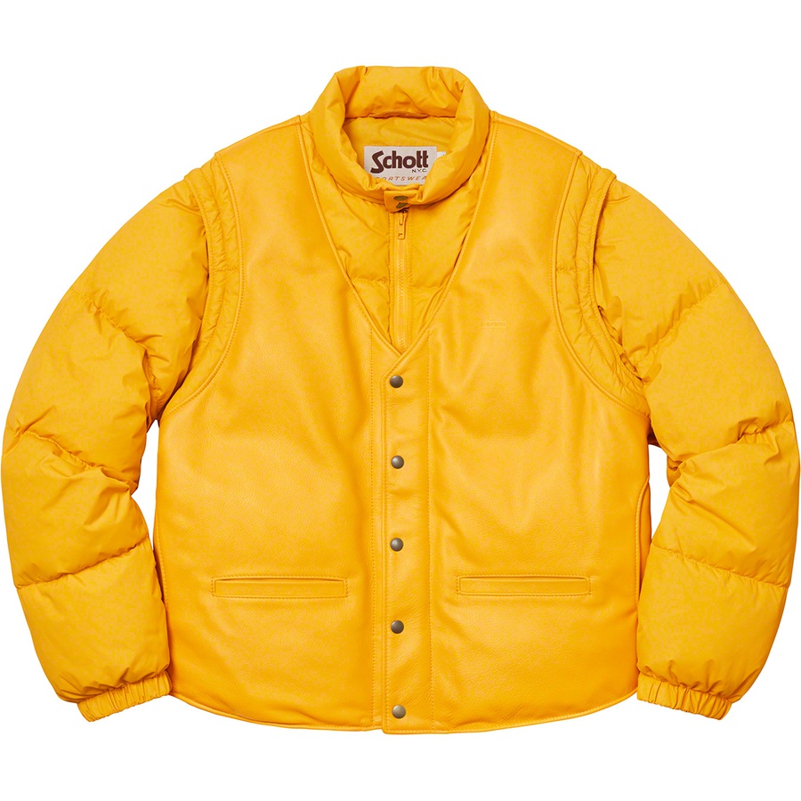 Details on Supreme Schott Down Leather Vest Puffy Jacket Yellow from fall winter
                                                    2018 (Price is $628)