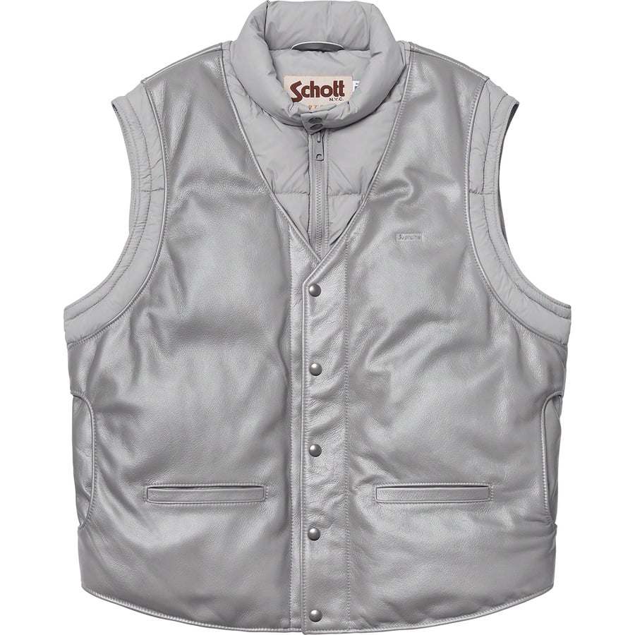 Details on Supreme Schott Down Leather Vest Puffy Jacket Silver from fall winter
                                                    2018 (Price is $628)