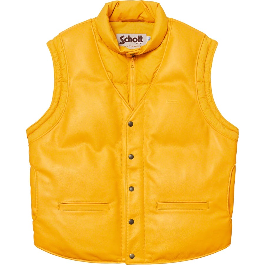 Details on Supreme Schott Down Leather Vest Puffy Jacket Yellow from fall winter
                                                    2018 (Price is $628)