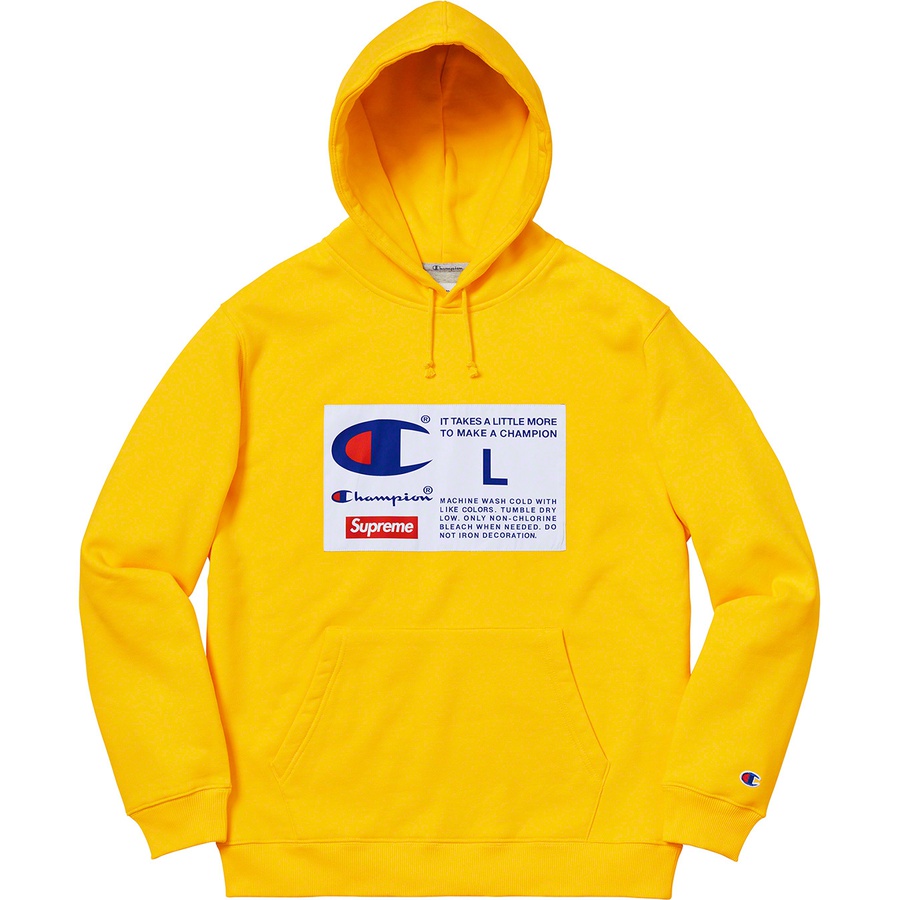 Details on Supreme Champion Label Hooded Sweatshirt Yellow from fall winter
                                                    2018 (Price is $158)