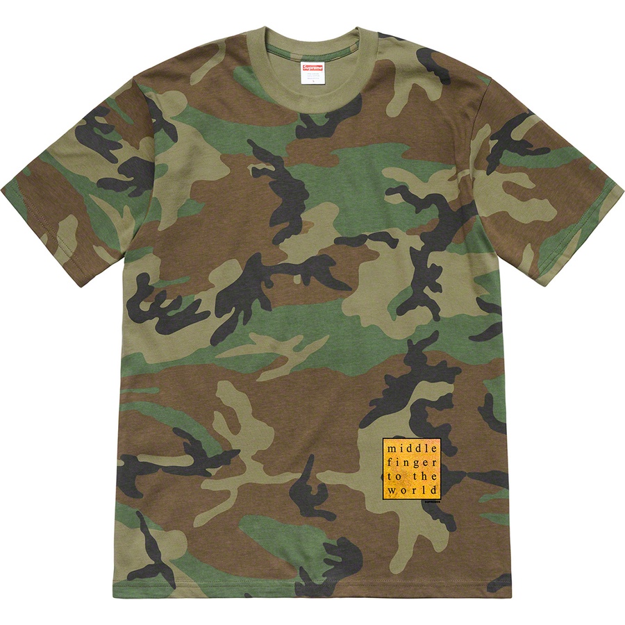 Details on Middle Finger To The World Tee Woodland Camo from spring summer 2019 (Price is $38)