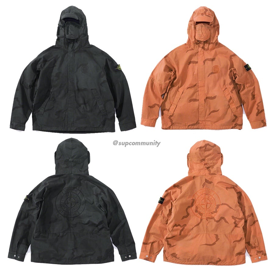 Details on Supreme Stone Island Riot Mask Camo Jacket from spring summer 2019 (Price is $648)