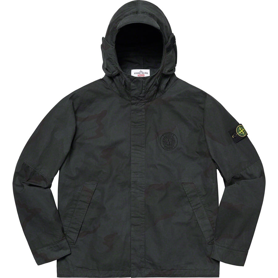 Details on Supreme Stone Island Riot Mask Camo Jacket Black Camo from spring summer 2019 (Price is $648)