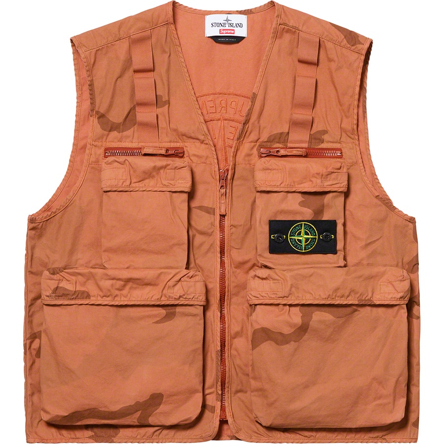 Details on Supreme Stone Island Camo Cargo Vest Coral Camo from spring summer
                                                    2019 (Price is $398)