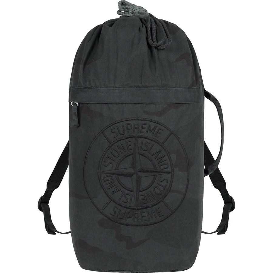 Details on Supreme Stone Island Camo Backpack Black Camo from spring summer
                                                    2019 (Price is $298)