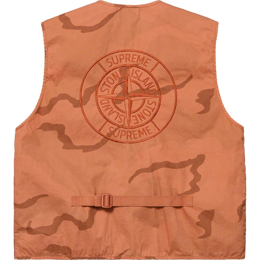 Details on Supreme Stone Island Camo Cargo Vest Coral Camo from spring summer
                                                    2019 (Price is $398)