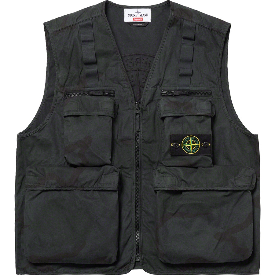 Details on Supreme Stone Island Camo Cargo Vest Black Camo from spring summer
                                                    2019 (Price is $398)