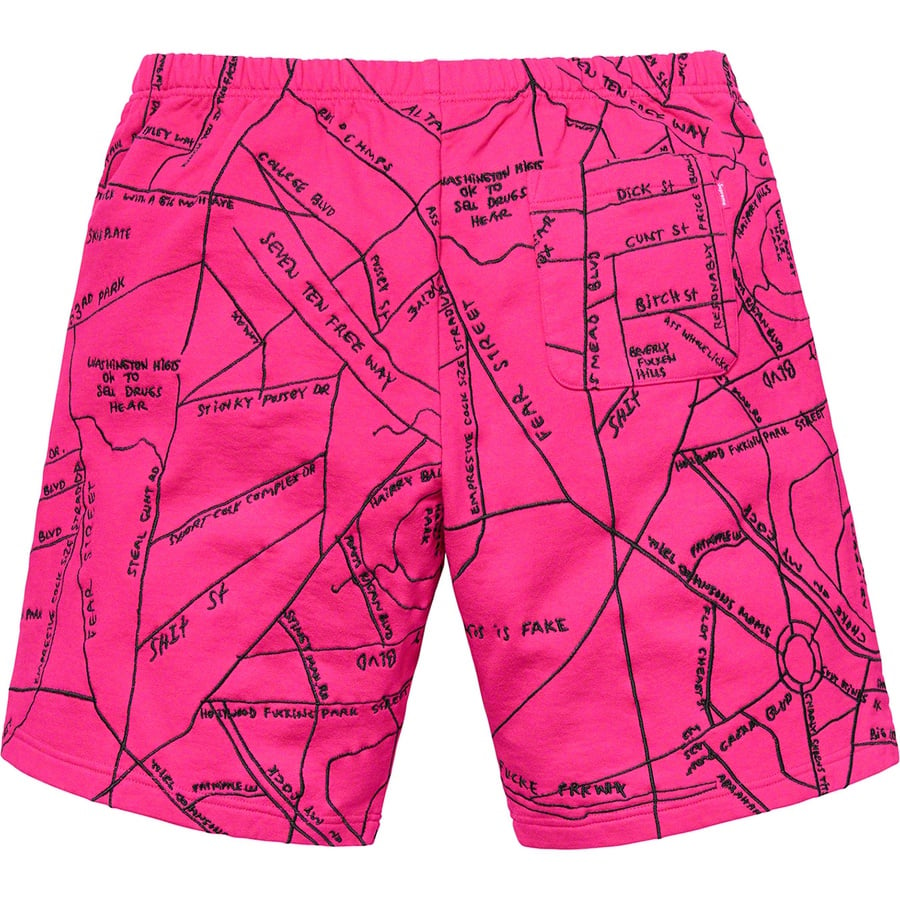 Details on Gonz Embroidered Map Sweatshort Magenta from spring summer 2019 (Price is $168)